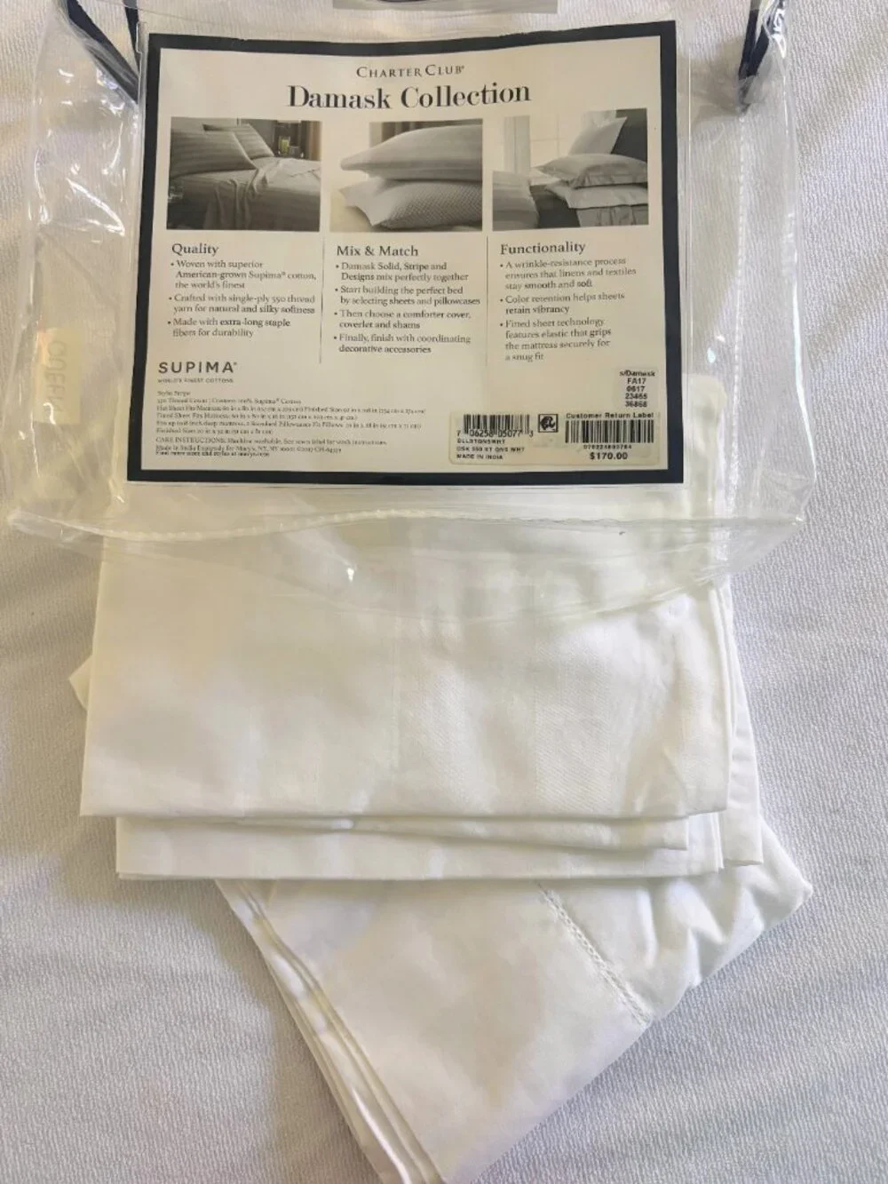Charter Club Damask Stripe Supima Cotton Standard Pillowcase Pair in White